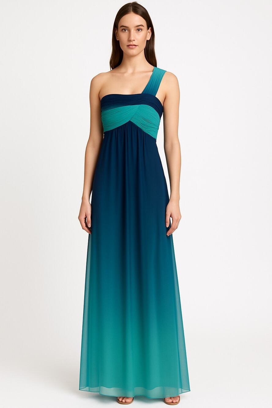 2000s BCBG Max Azria Teal Blue Ombre One-Shoulder Chiffon Evening Gown – Size 0